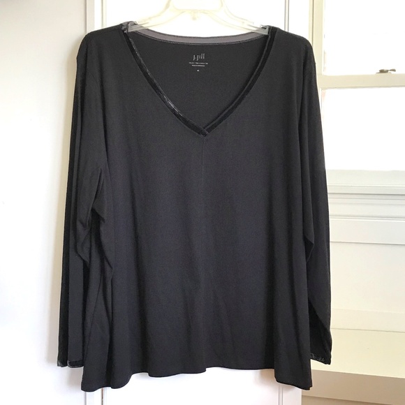 J. JILL Velvet Trim V-Neck Tee Long Sleeve Cotton Black NWT Women’s Plus Size 4X - Picture 1 of 15